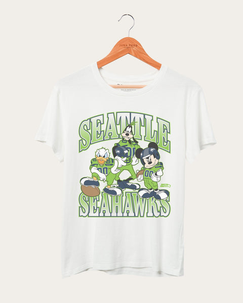 Women's Junk Food White Seattle Seahawks Disney Mickey Huddle Up T-Shirt